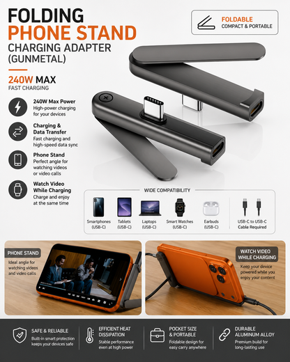 USB-C Foldable Phone Stand Adapter — محول USB-C متعدد الاستخدامات مع حامل هاتف قابل للطي
